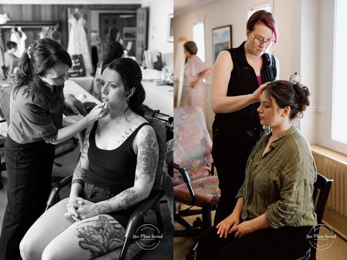 Bride getting ready with bridesmaids inside conference room. Photographe de mariage au Saguenay. Photographe Saguenay-Lac-Saint-Jean. Auberge Le Parasol. Saguenay wedding photographer.