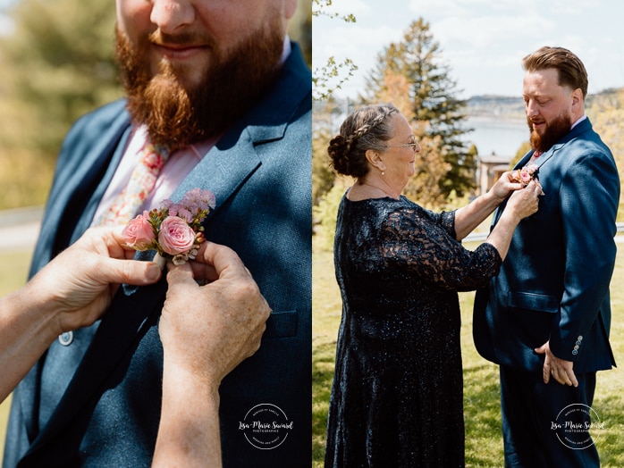 Groom getting ready outside of motel room. Photographe de mariage au Saguenay. Photographe Saguenay-Lac-Saint-Jean. Auberge Le Parasol. Saguenay wedding photographer.
