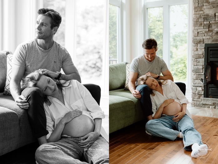 Lifestyle maternity photos. In-home maternity photos. Living room maternity photos. Séance photo lifestyle à Montréal. Photographe de maternité à domicile à Montréal. Montreal lifestyle photoshoot. Montreal in-home maternity photos.
