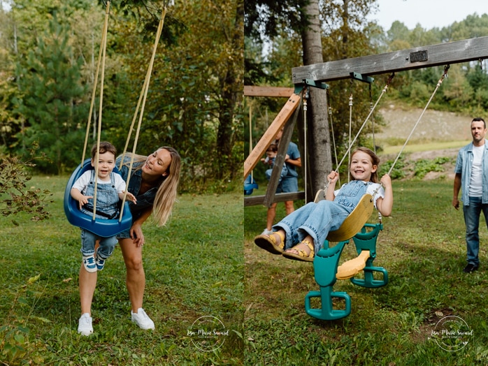 Backyard family photos. Playset family photos. Fun family photos ideas. Séance photo lifestyle à Montréal. Montreal lifestyle family session. Photographe famille Montréal. Montreal family photographer.