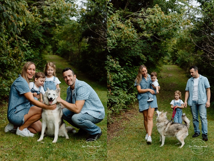 Family photos with dog. Dog family photos. Backyard family photos. Séance photo lifestyle à Montréal. Montreal lifestyle family session. Photographe famille Montréal. Montreal family photographer.